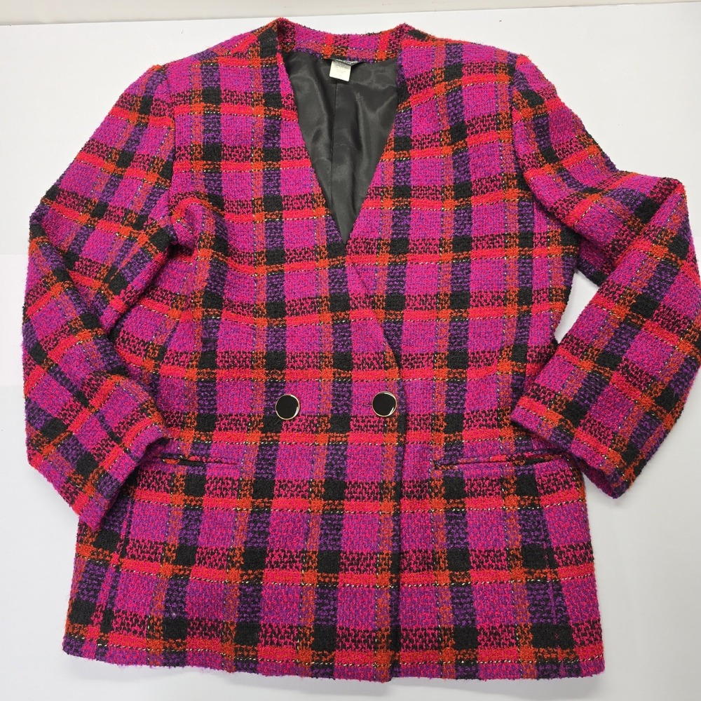 Chad Stevens Vintage Magenta Plaid Tweed Blazer Jacket‎ Made in USA Womens 16